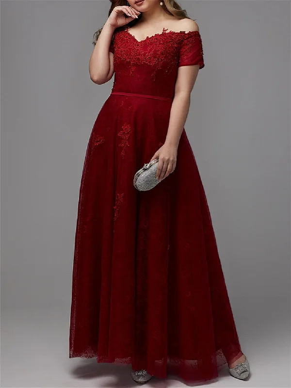 A-Line/Princess Off-the-Shoulder Floor-length Plus Size Prom Dresses