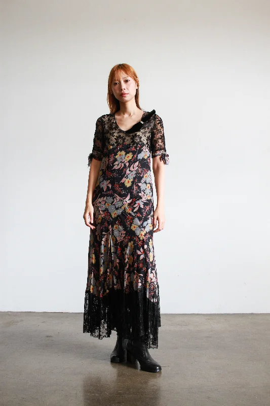 1920s Floral Print Silk Chiffon Mixed Dress