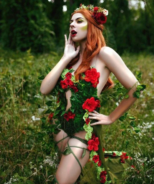Red Rose Poison Ivy Monokini Gown Dress Costume Rave Cosplay Halloween