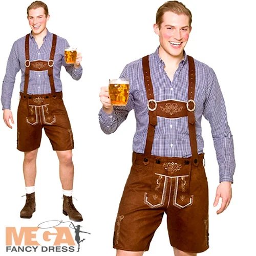 Mens Brown Lederhosen Oktoberfest Fancy Dress Faux Suede Bavarian Adults Costume