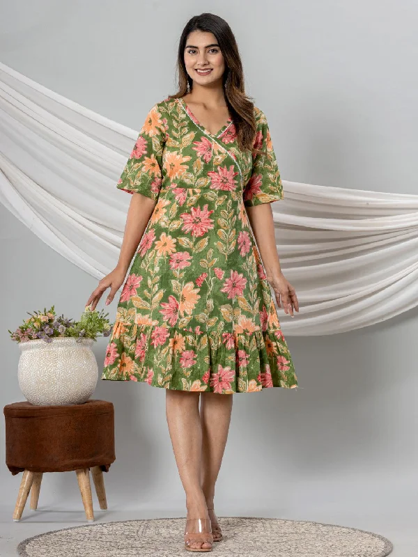 Floral Print Fit & Flare Pure Cotton Ruffled Dress - Green