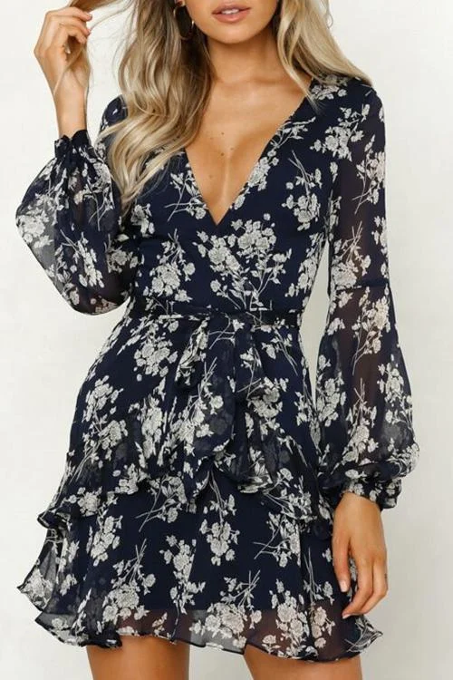 Bonnyshow V-neck Printed Long-sleeved Dress