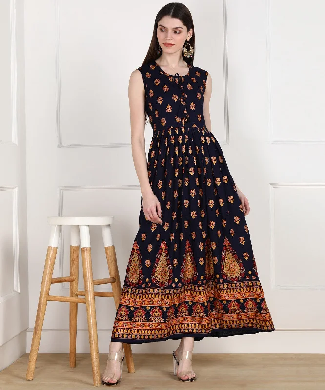 Rayon Ethnic Printed Pleted Sleeveless Kurta Dress - Dark Blue