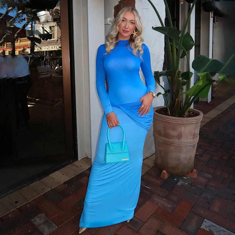 Bonnyshow Autumn and Winter Fashion New Autumn Women's Sexy Gradient Long Sleeve Slim High School Long Dress