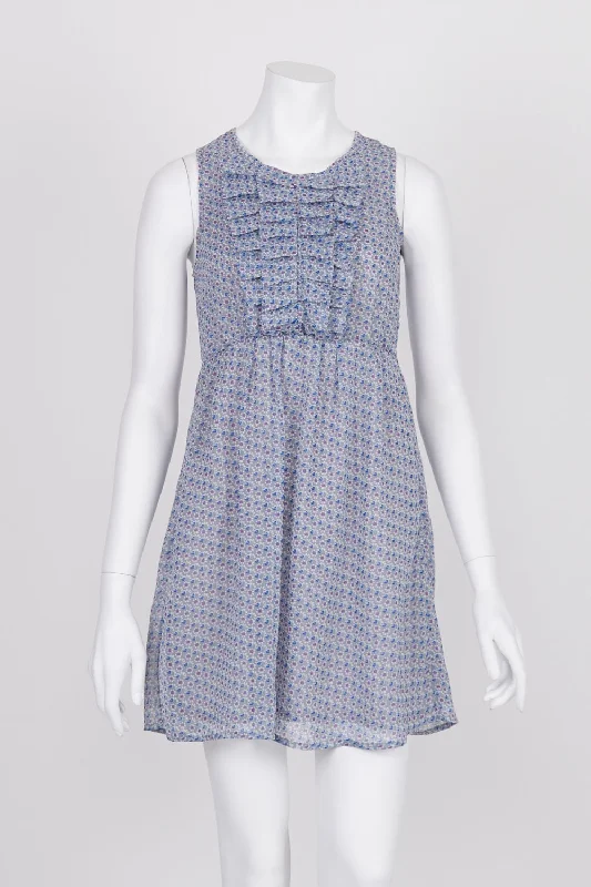 Revival Patterned Blue | Grey Pleated Front Dress 6