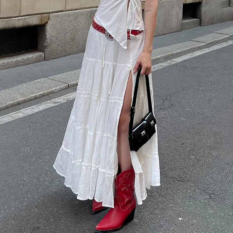 Bonnyshow skater boy outfits Sexy Hot Girl Bohemian Style Skirt Summer White Cotton Stitching Low Waist Split Dress