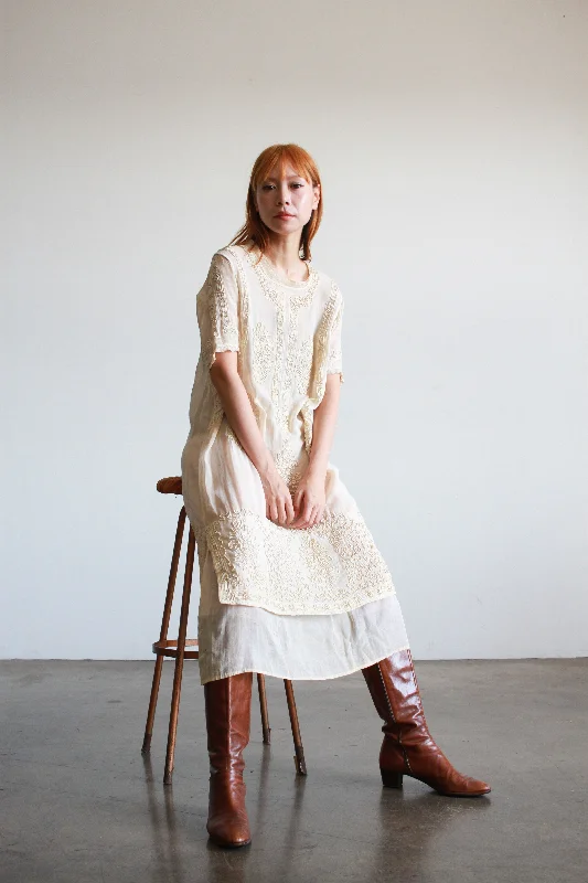 1910s Edwardian Ecru Soutache Cotton Voile Dress