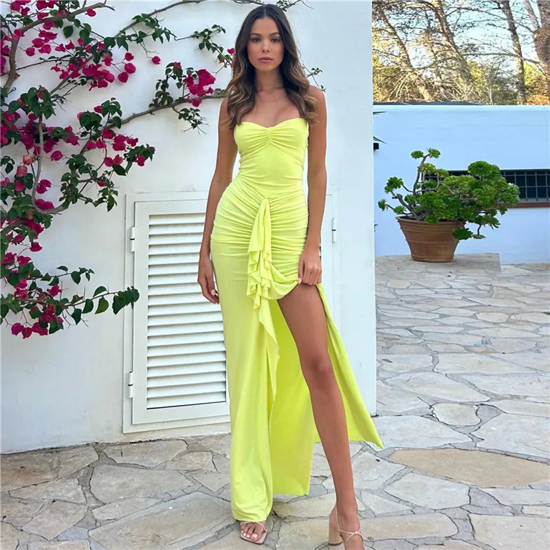 Bonnyshow Women's Autumn and Winter New Fashion Halter Neck Slit Neck Slit Slim Dress Women's Tight Club Party Long Dress Vestidos