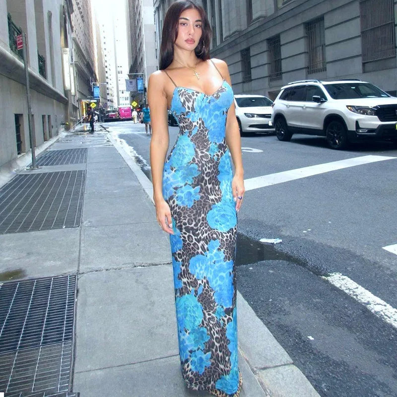Bonnyshow Printed Backless Long Dress Women's Sexy Spaghetti Strap Holiday Long Dress Color Block Sleeveless Lace Up Long Dress