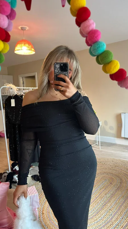 Black Sparkle Bardot Midaxi Dress