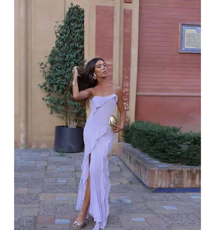 Bonnyshow Fashion Sling Slit Ruffled Dress Summer Sexy Hot Girl Slim Hollow Slit Dress Female Club Party Vestidos