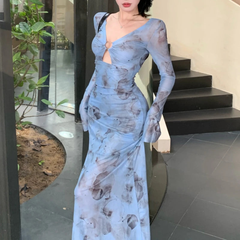 Bonnyshow Vintage V-neck Hollow Sexy Slim Long-sleeved Dress Women 2024 Summer New Streetwear Contrast Color Tie-dye Mid-length Dress