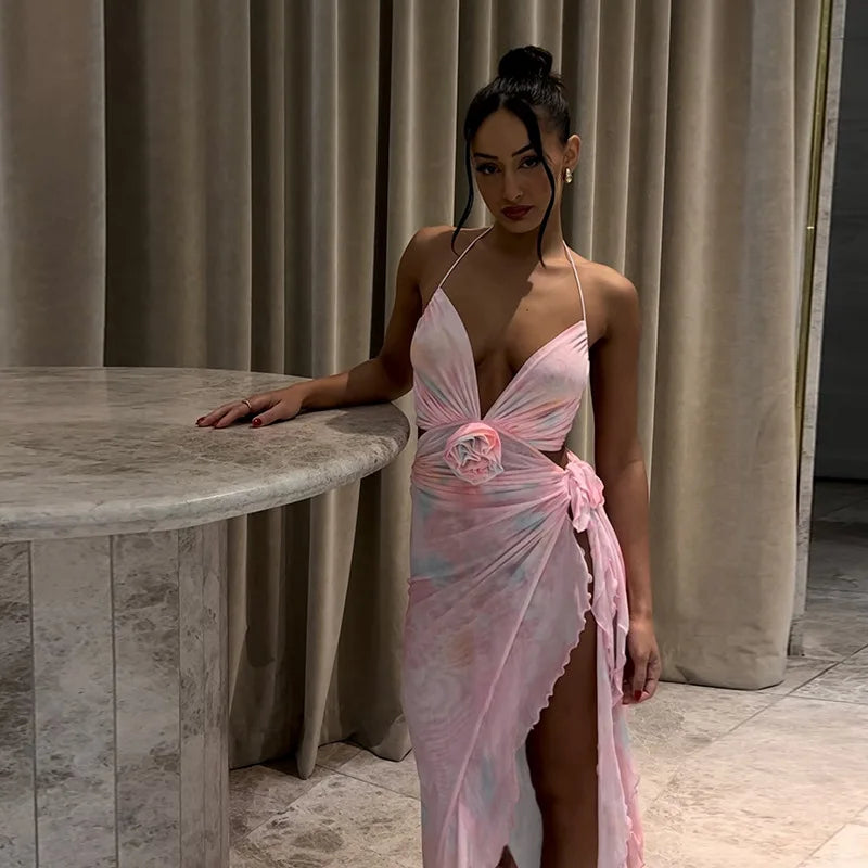 Bonnyshow Autumn Women's Fashionable Sexy Halter Neck Strapless Backless Side Slit Irregular Dress Vestidos