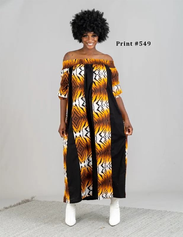 KaraChic 7604 Authentic African Print Off-shoulder Print Panel Dress