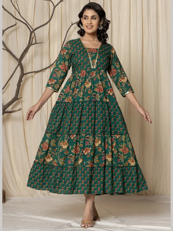 Floral Print Tiered Ankle Length Embellished Dress - Green