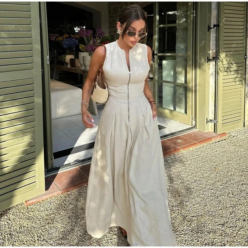 Bonnyshow classy demure mindful dress to impress 2024 High Waist Solid Color Sleeveless Zipper Dress Fashion Slim Commuter Dress