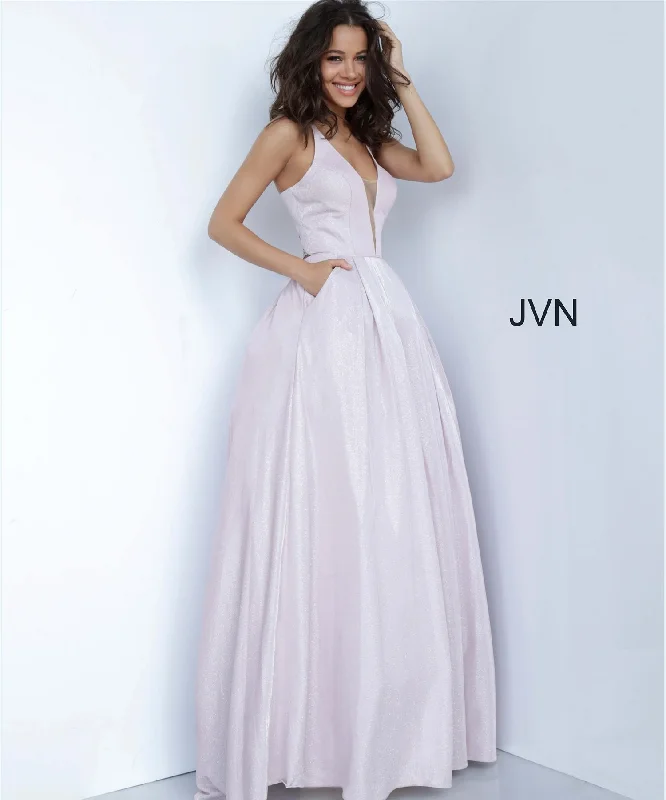 JVN by Jovani JVN2172 V-neck Sheer Mesh Glitter Ballgown Dress