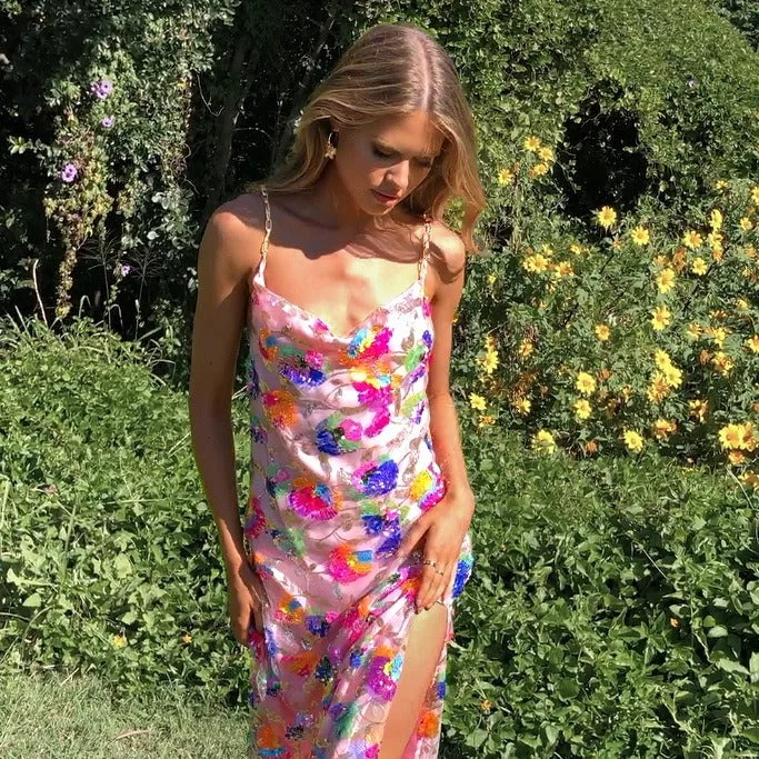 Bonnyshow alien invasion dress to impress New off-Neck Backless Sequined Floral Gold Chain Women's Split Dress