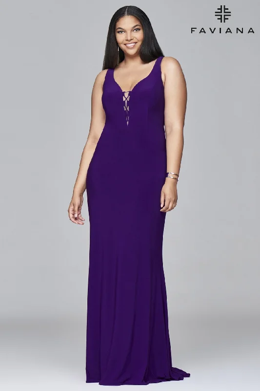 Faviana Curve 9416W V-neck Jersey Lace-up Back Inset PlusSize Dress