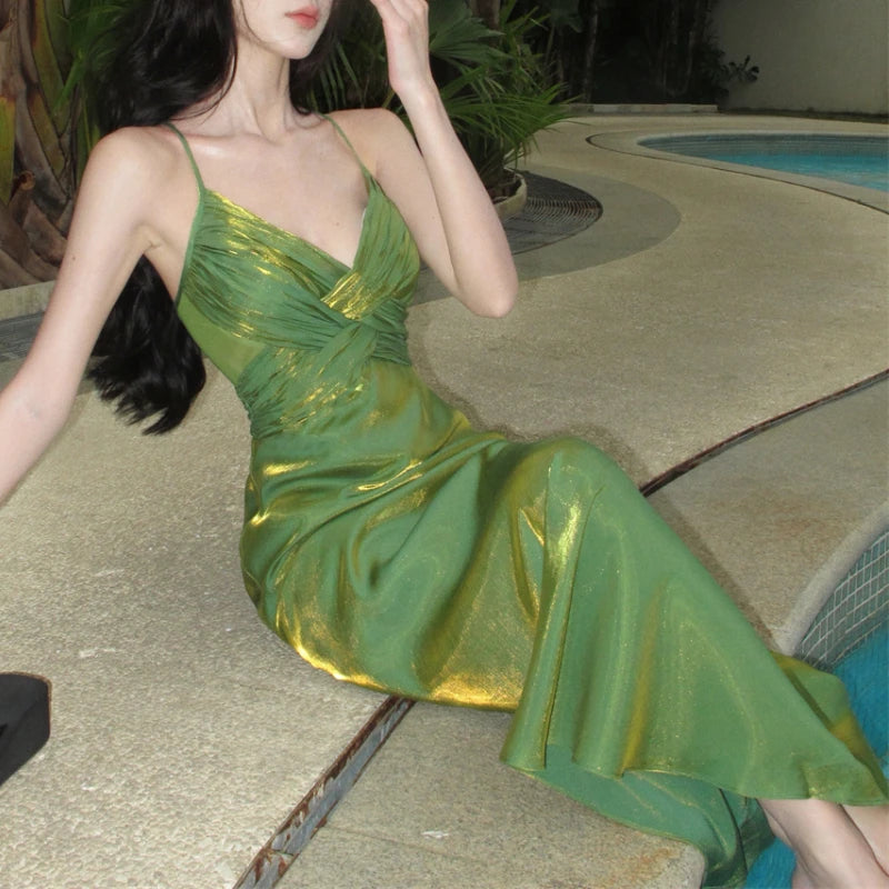 Bonnyshow v-neck Satin Dress Women 2024 Summer Backless Sexy Trumpet Dresses Vintage Lace-Up Party Long Dresses Female
