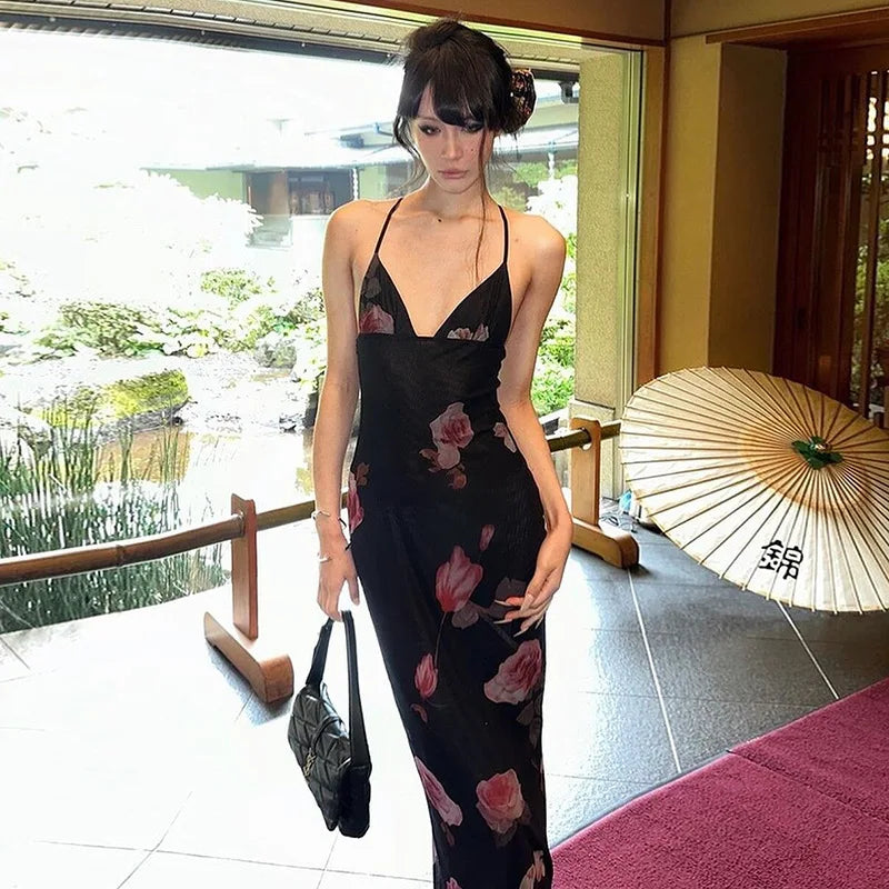 Bonnyshow New Summer Women's Clothing Sexy V-neck Backless Personalized Fashion Printed Halterneck Strappy Dress Dress Club Clothing