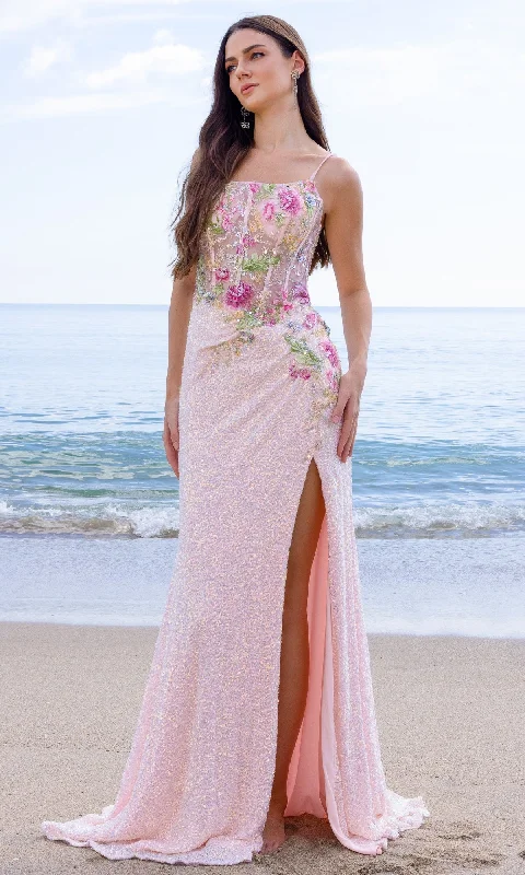 Floral-Sequin Long Prom Dress: Amelia Couture 2053