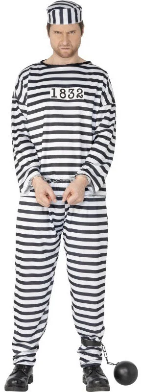 Mens Convict Prisoner Robber Inmate Criminal Uniform Fancy Dress Costume