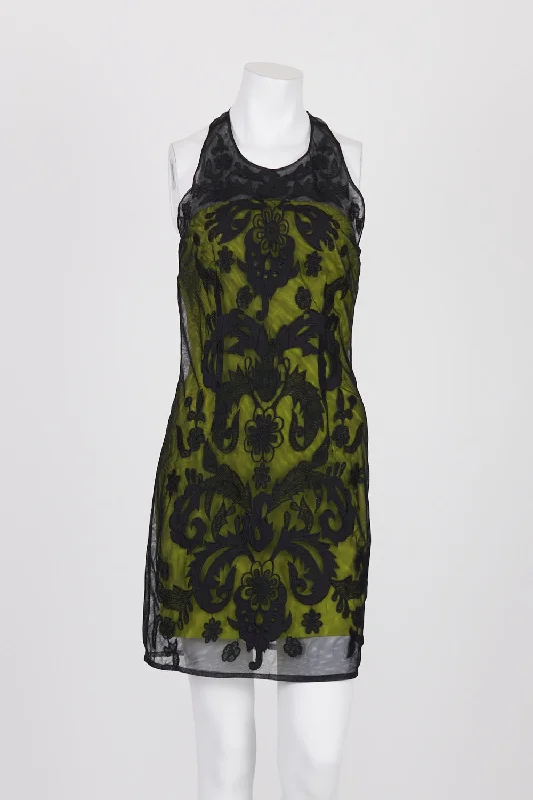 Lumier Black And Lime Embroidered Mesh Dress S