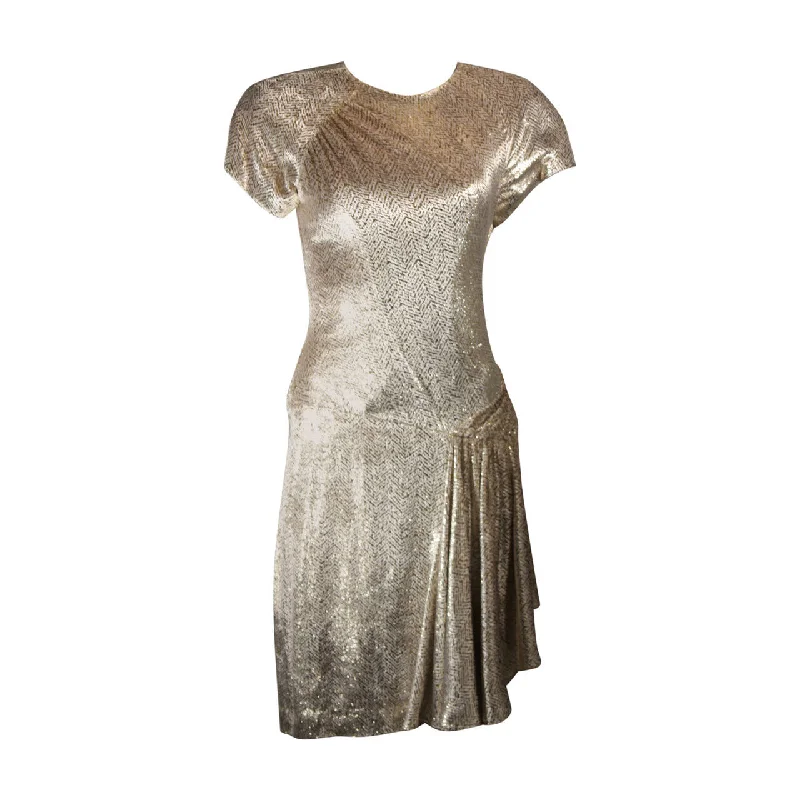 VICKY TIEL Ivory and Gold Velvet Texture Cocktail Dress Size 38