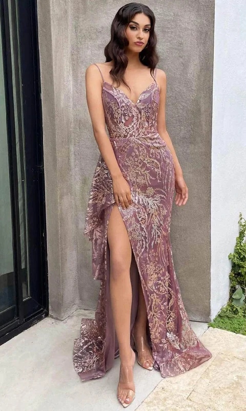 Cinderella Divine J856 - Glitter-Printed Dress with High Slit