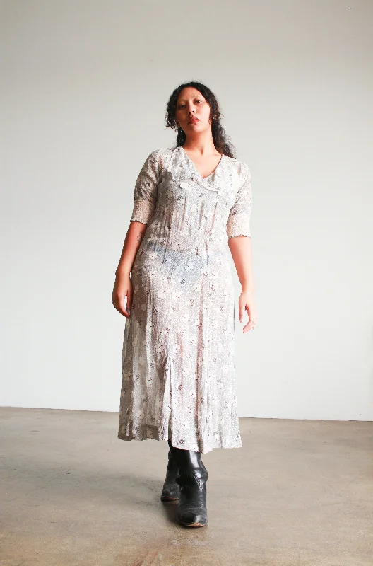 1920s White Print Cotton Day Dress