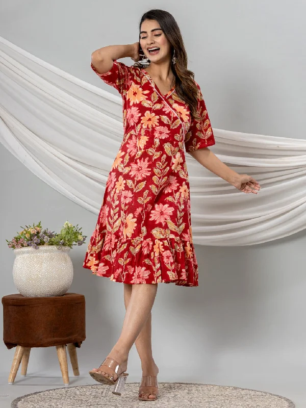 Floral Print Fit & Flare Pure Cotton Ruffled Dress - Red