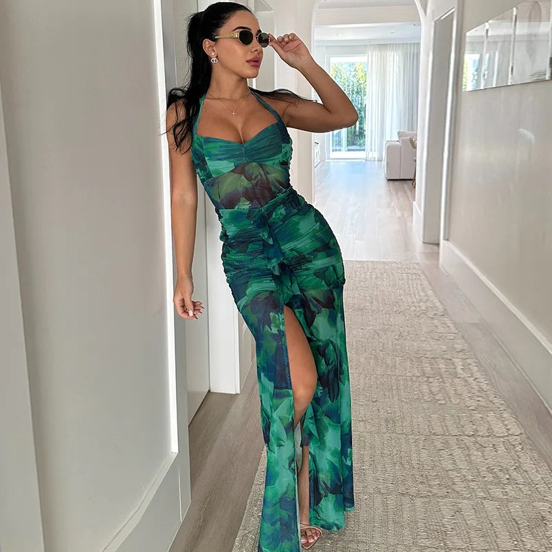Bonnyshow Autumn and Winter Fashion Printed Dress Sexy Sleeveless Halterneck Backless Slit Casual Skirt Dress