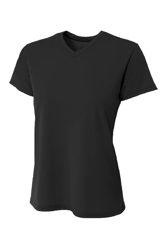 A4 Womens Sprint Performance Moisture Wicking Short Sleeve V-Neck T-Shirt - Black Iron Safe Non-Iron Wrinkle Free