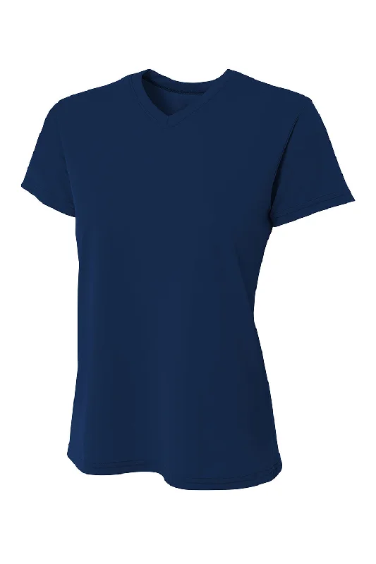 A4 Womens Sprint Performance Moisture Wicking Short Sleeve V-Neck T-Shirt - Navy Blue Handmade Hand-knitted Hand-woven