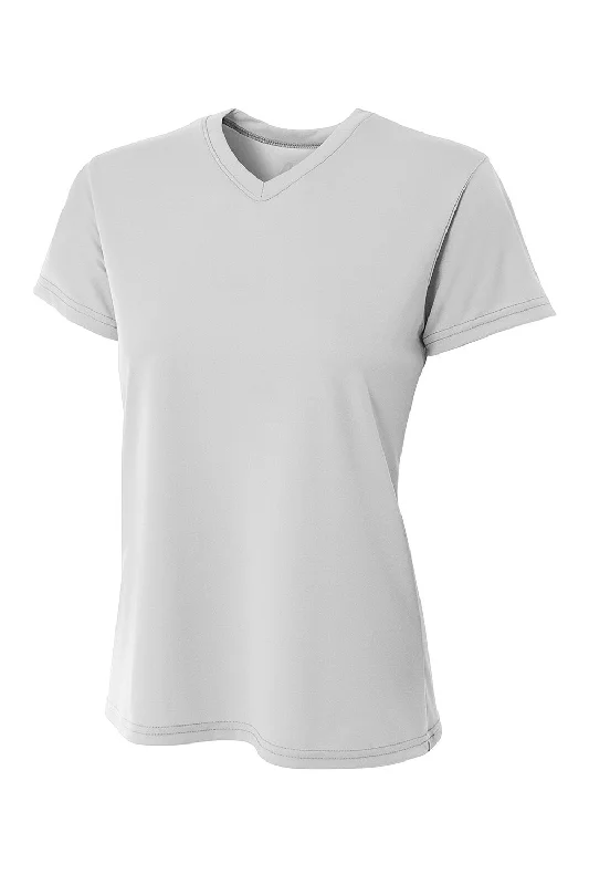A4 Womens Sprint Performance Moisture Wicking Short Sleeve V-Neck T-Shirt - Silver Grey Chenille Brocade Lace