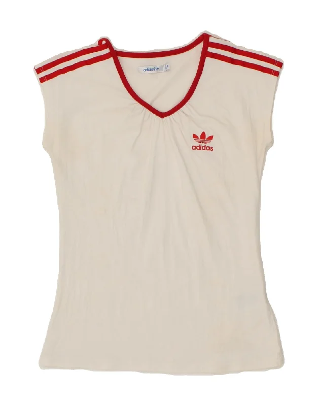 ADIDAS Womens T-Shirt Top EU 38 Small White Cotton Striped Floral Plaid