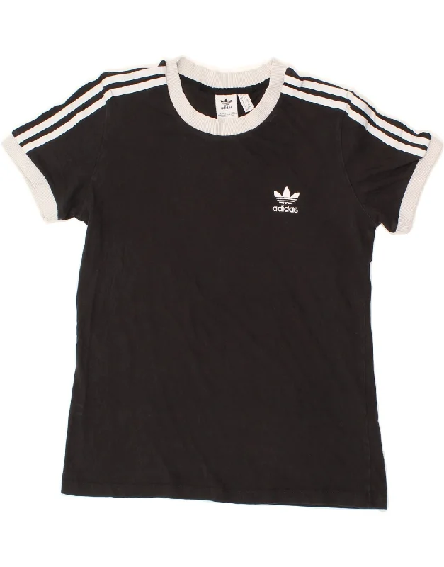 ADIDAS Womens T-Shirt Top UK 12 Medium Black Cotton Print Jacquard Patchwork