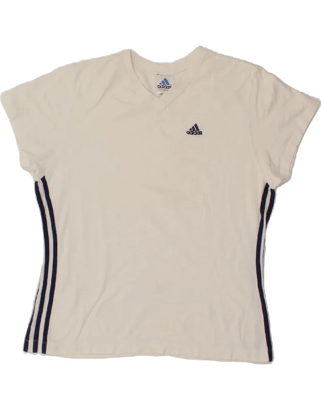 ADIDAS Womens T-Shirt Top UK 16 Large White Cotton Striped Floral Plaid