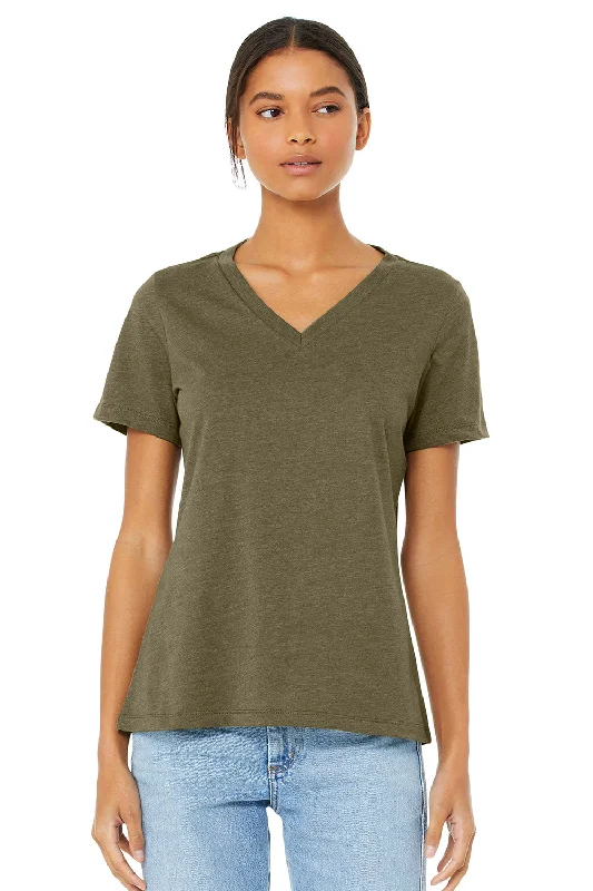 Bella + Canvas Womens CVC Short Sleeve V-Neck T-Shirt - Heather Olive Green Polka Dot Checkered Tartan