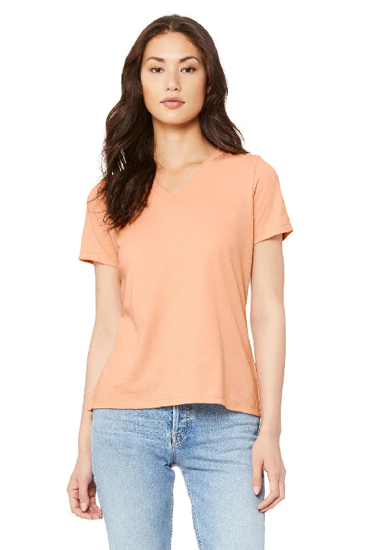 Bella + Canvas Womens CVC Short Sleeve V-Neck T-Shirt - Heather Peach Spandex Blend Rayon Blend Denim Blend