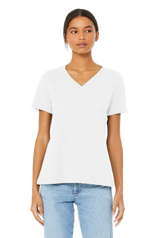 Bella + Canvas Womens CVC Short Sleeve V-Neck T-Shirt - Solid White Ribbed Striped Patterned