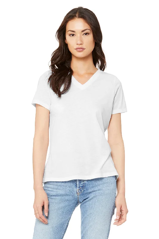 Bella + Canvas Womens Short Sleeve V-Neck T-Shirt - Solid White Striped Floral Plaid