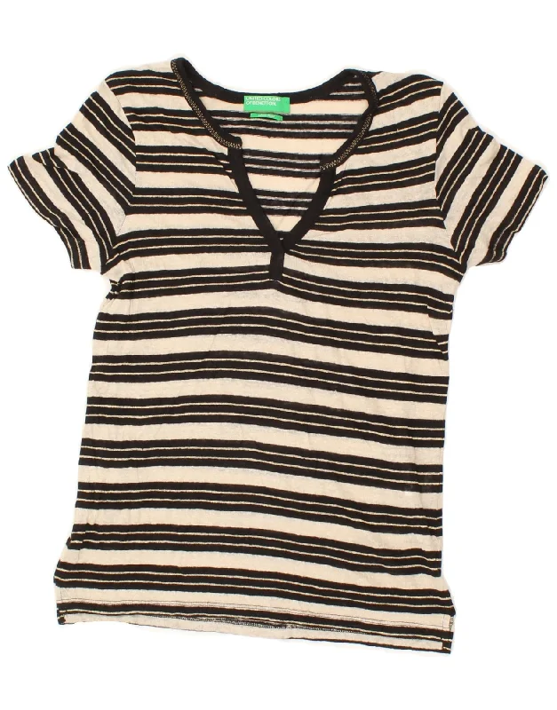 BENETTON Womens T-Shirt Top UK 10 Small Grey Striped Machine Wash Dry Clean Hand Wash