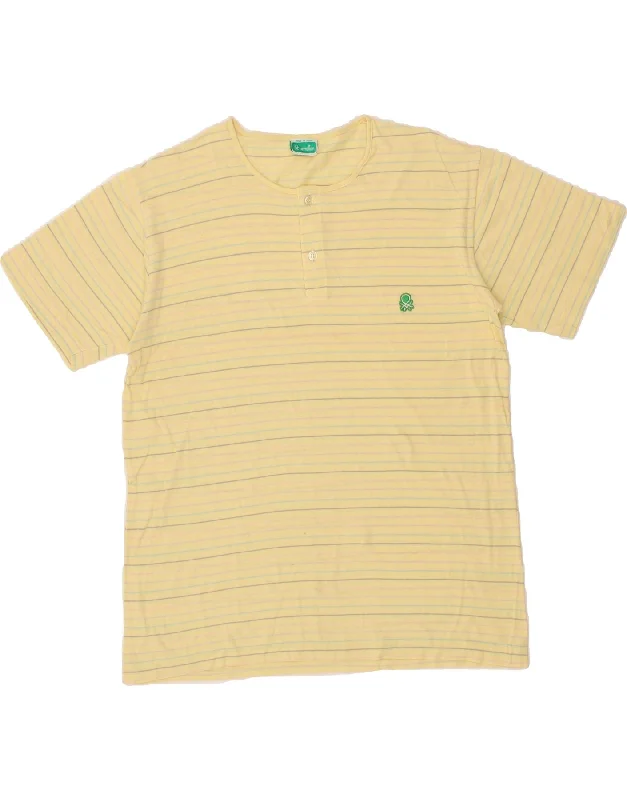 BENETTON Womens T-Shirt Top UK 14 Medium Yellow Striped Cotton Welt Pockets Slit Pockets