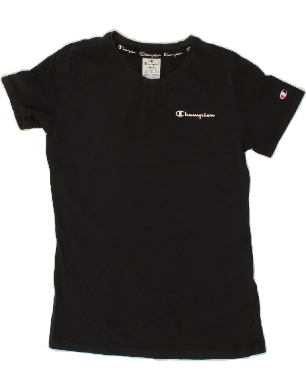 CHAMPION Womens T-Shirt Top UK 10 Small Black Asymmetrical Pockets Print