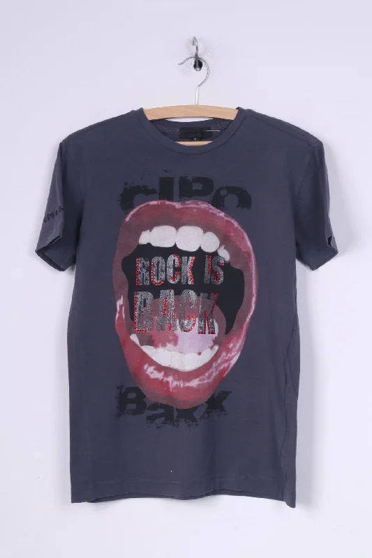 Cipo&Baxx Womens L Graphic T-Shirt Crew Neck Grey Rock Is Back Cotton Summer Top Houndstooth Herringbone Solid