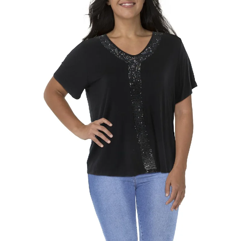 Coin 1804 Womens Plus Sequined Short Sleeve T-Shirt Notch Collar Peter Pan Collar Cowl Neck Coin 1804 Womens Plus Sequined Short Sleeve T-Shirt Notch Collar Peter Pan Collar Cowl Neck