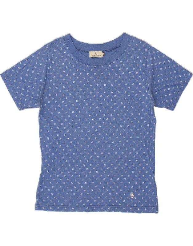 CONTE OF FLORENCE Womens T-Shirt Top UK 16 Large Blue Floral Cotton Ribbed T-Shirt High Neck Heavyweight