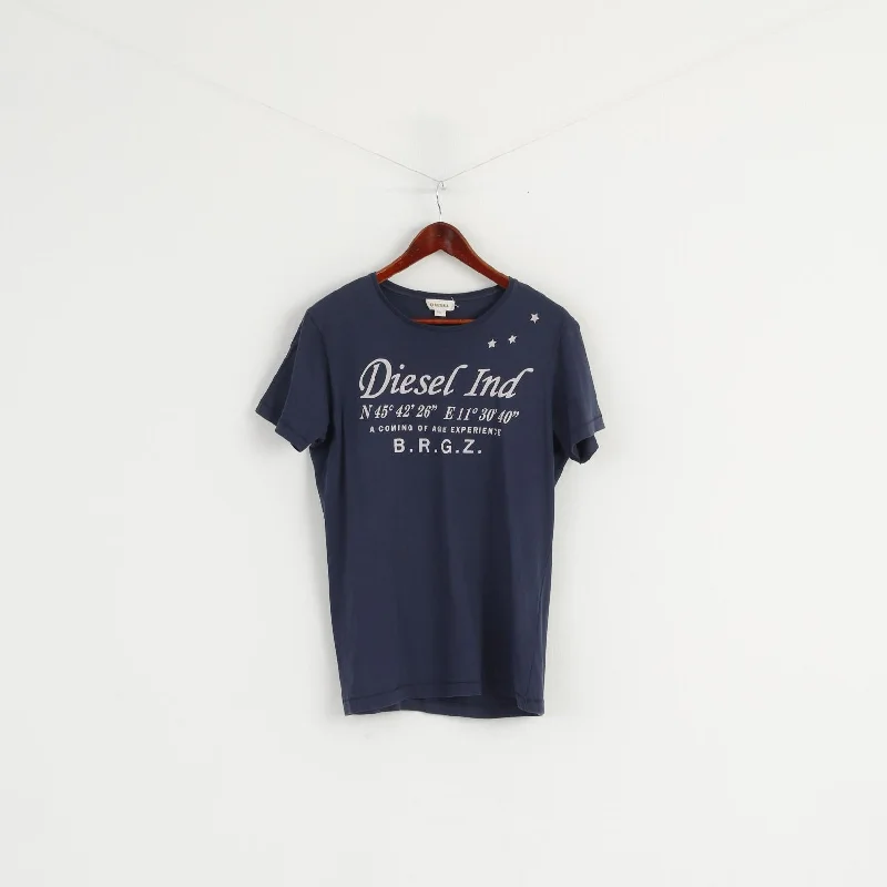 Diesel Ind Womens L T-Shirt Crew Neck Graphic Navy Cotton Top Knit Fabric Woven Fabric Fleece Fabric